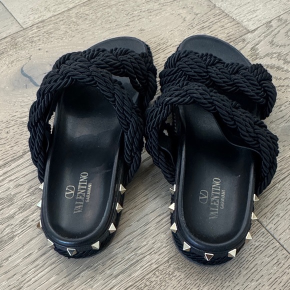 Valentino Garavani Black Braided Rope Slide Sandals with Stud Trim - Picture 2 of 5